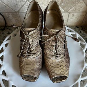 Stuart Weitzman Women's Brown Taupe Snake Scale Peep Toe Heels